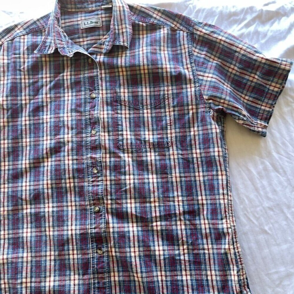Vintage LL Bean Button Shirt Women’s Sz XL Short Sleeve Western Blue Red 90s